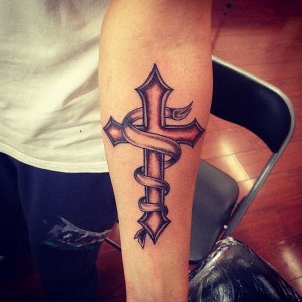 Elegant Cross With Ribbon Tattoo Design For Men