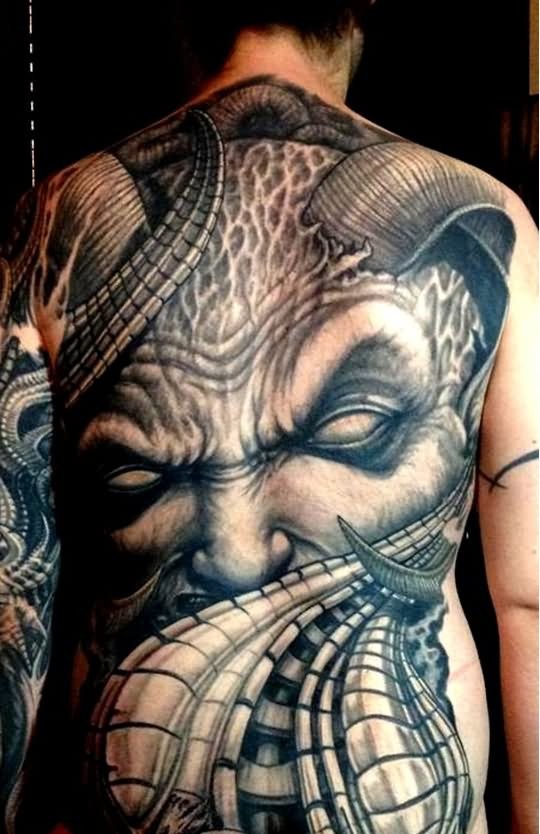 Fantastic 3D Black & Grey Realistic Devil Tattoo On Full Back