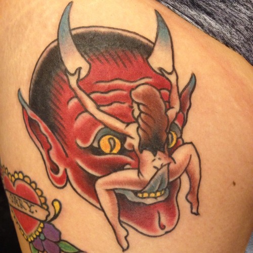 Funny Red Devil & Girl Composition Tattoo by Ishmael at Lucky Devil Tattoos, Colorado Springs