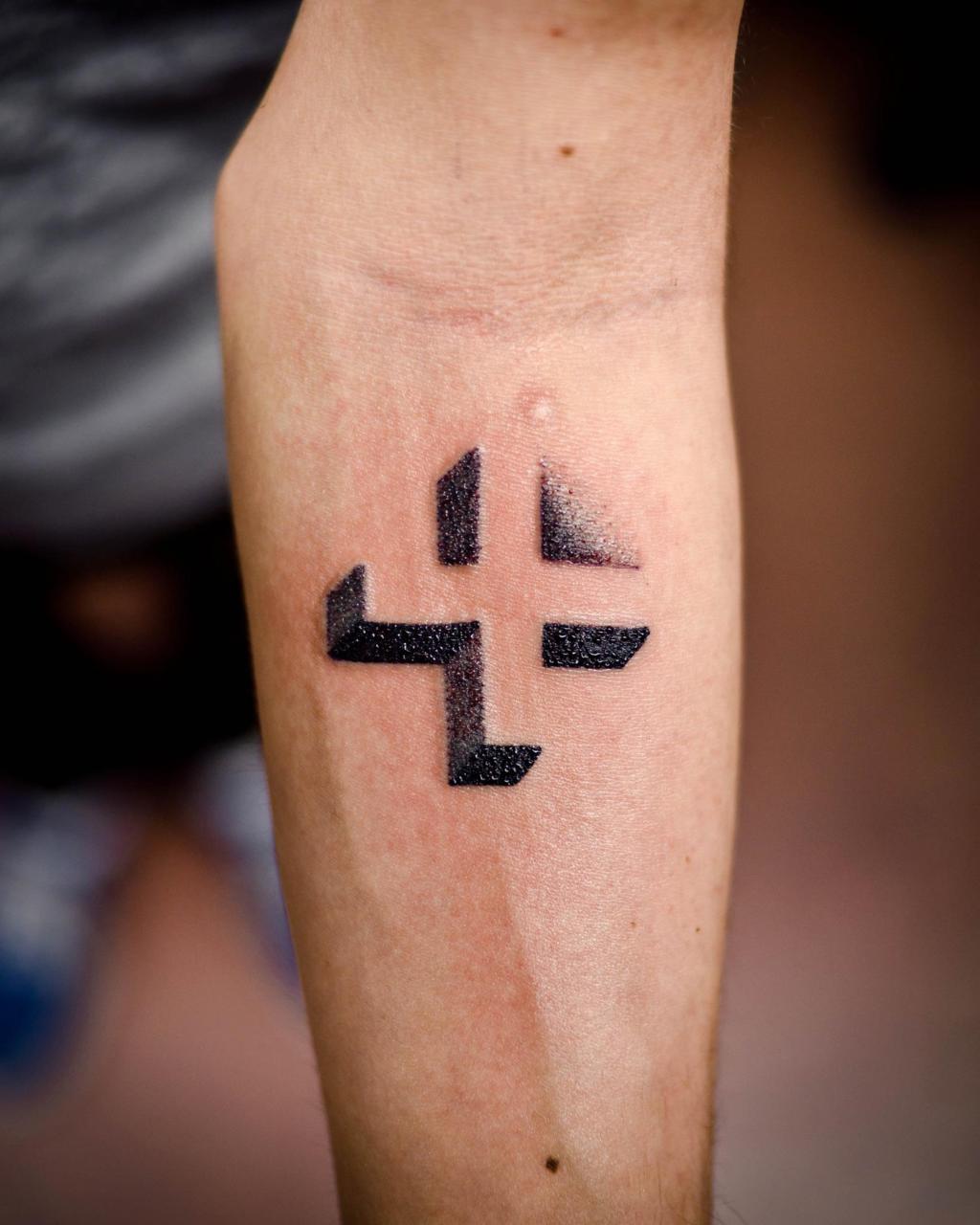 Grey 3D Cross Tattoo On Forearm