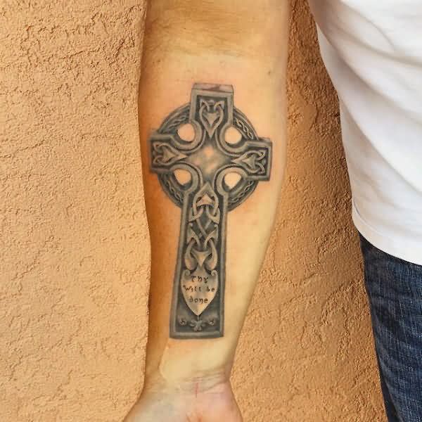 Grey Celtic Cross Tattoo Design On Men Forearm