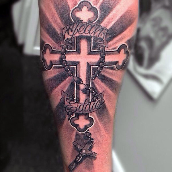 Grey Dark Christian Cross With Rosary Tattoo on Forearm