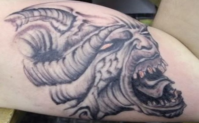 Grey Demonic Devil Tattoo On Bicep