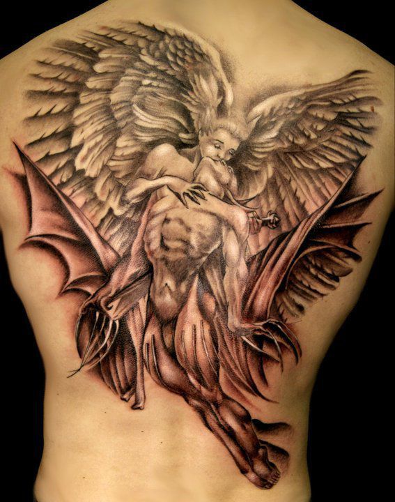 Grey Ink 3d Angel Devil Kissing Tattoo On Full Back Representing Relation Of Good