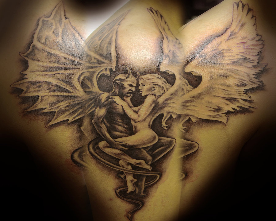 Grey Ink Angel And Devil Love Tattoo Representing Balance Of Good & Bad