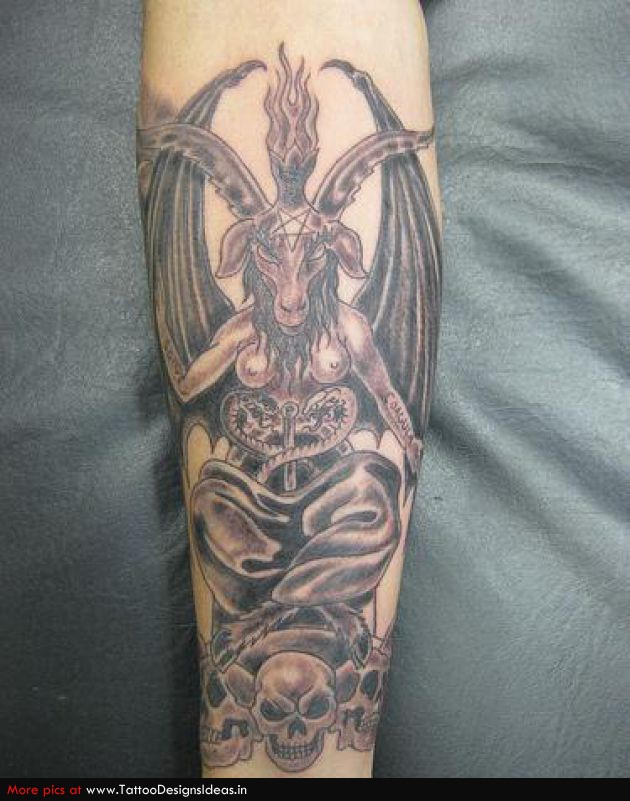 Grey Ink Baphomet Devil Tattoo On Forearm