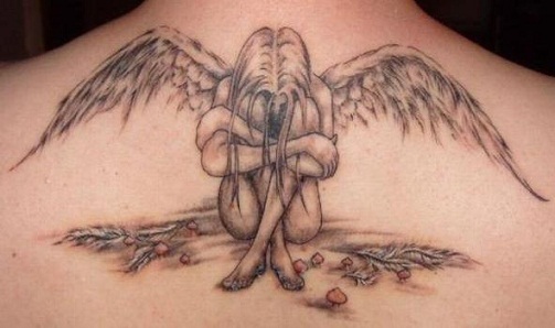 Grey Ink Crying Fallen Angel Tattoo Representing The Pain In fighting An Inner Battle