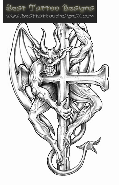 Grey Ink Devil & Cross Tattoo Design