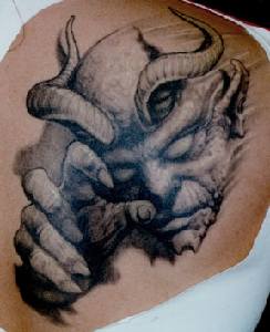 Grey Ink Gothic Devil Tattoo On Back