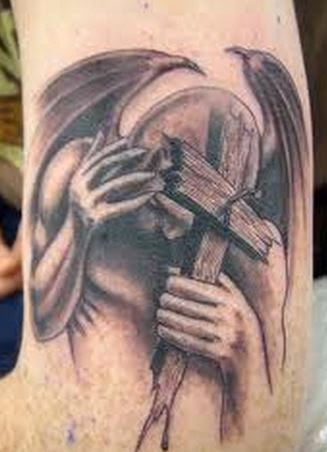 Grey Tasmanian Devil With Cross Tattoo On Arm (Half Sleeve)