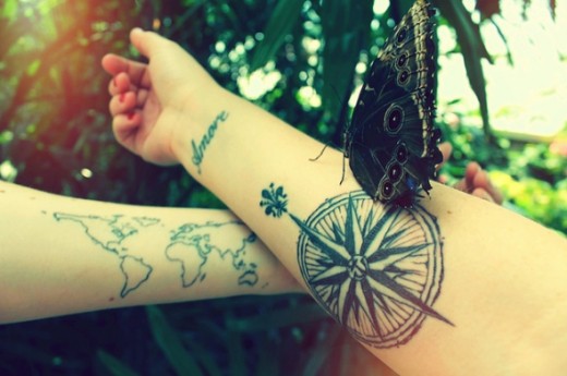 Live For Travel – Compass & World Map Couple Travel Tattoos On Forearms