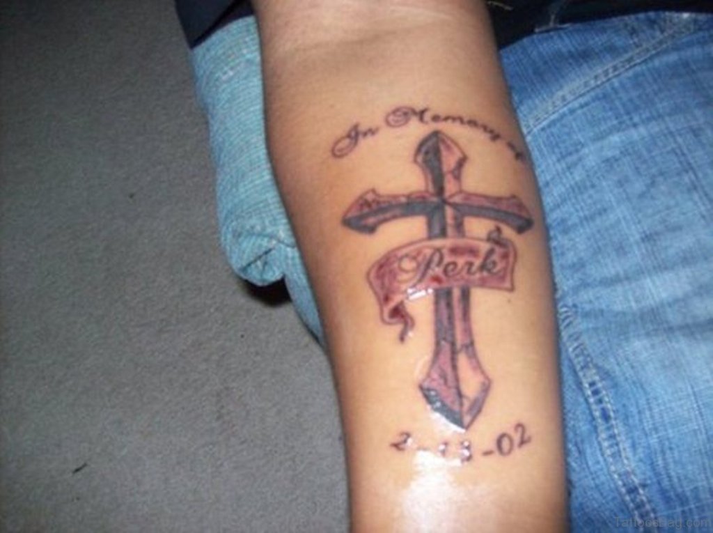 Memorial Christian Cross Tattoo On Forearm 2