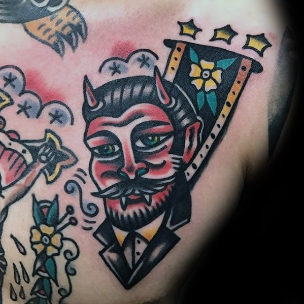 Men's Traditional Old School Devil Tattoo On Back Shoulder