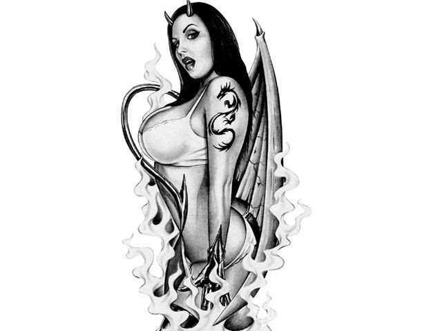 Nasty Black & White Devilish Woman With Bat Wiings Tattoo Design