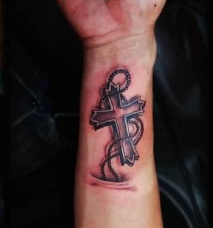 Realistic 3D Rosary Cross Tattoo On Forearm