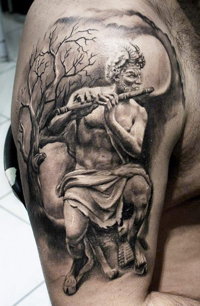 Realistic Black & Gray Elegant Devil Tattoo By Proki Tattoo, Athens, Greece