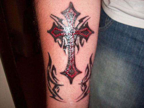 Red & Black Tribal Cross Tattoo on Forearm