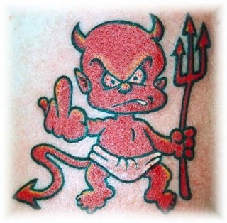 Red Color Funny Angry Baby Devil Tattoo