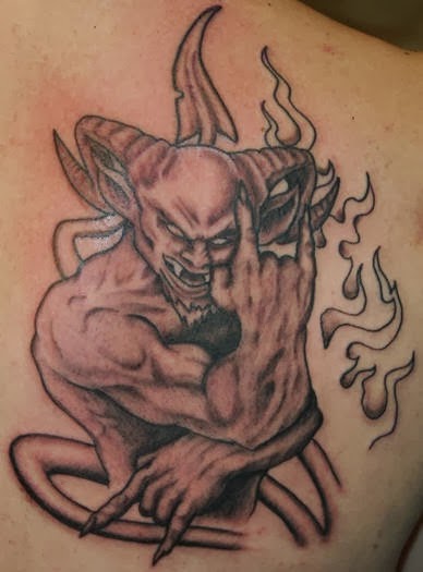 Scary Grey Demonic Devil Tattoo on Man Shoulder Blade