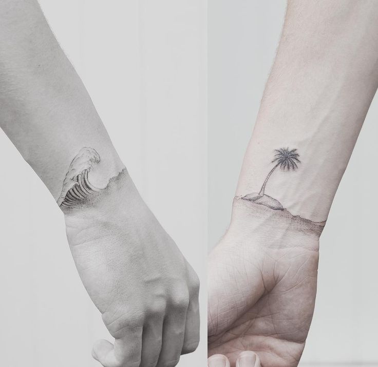 Sea Waves & Palm Tree Beach Couple Travel Tattoos On Wrist