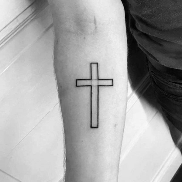 Simple & Elegant Black Outline Cross Tattoo on Forearm