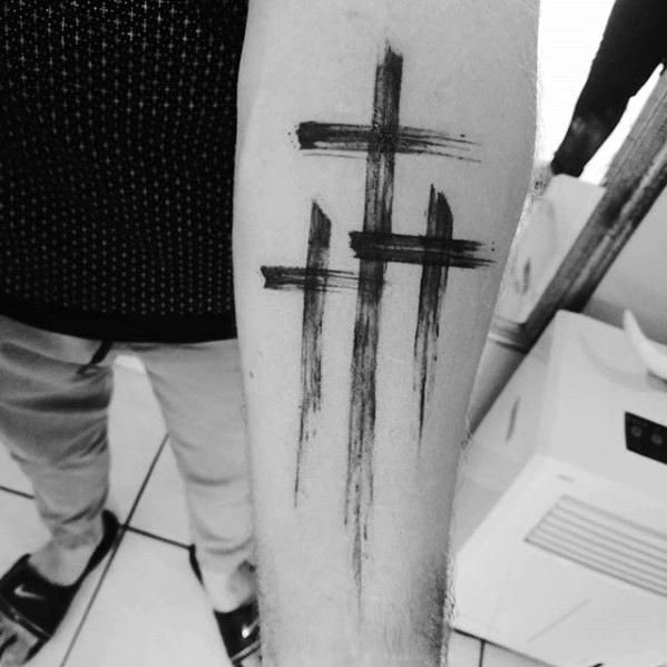 Simple Paint Brush Christian Crosses Tattoo on Forearm For Girls