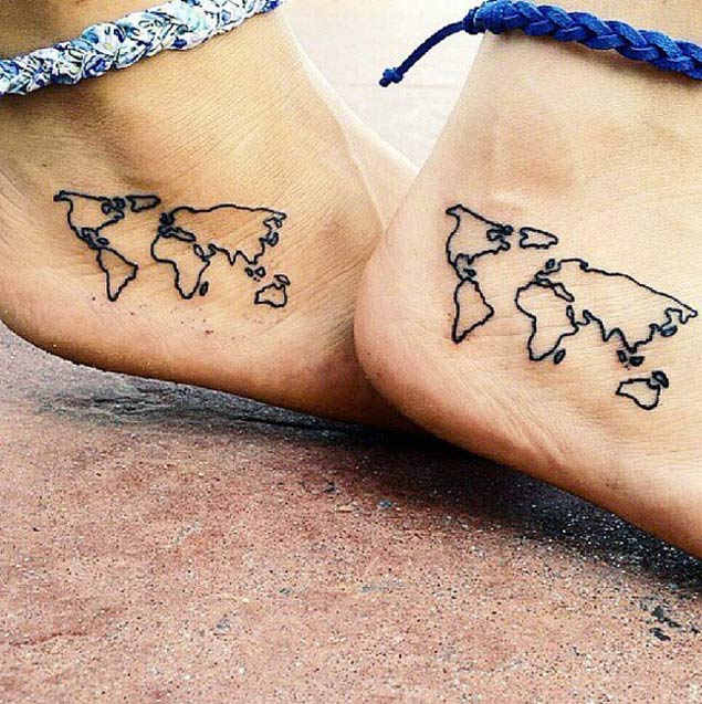 Small Black Outline World Map Couple Travel Tattoo