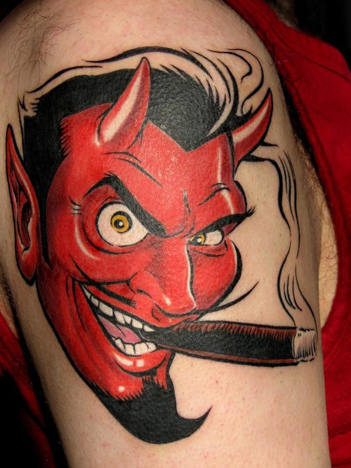 Smoking Red Face Devil Tattoo On Half Sleeve by Julie Card