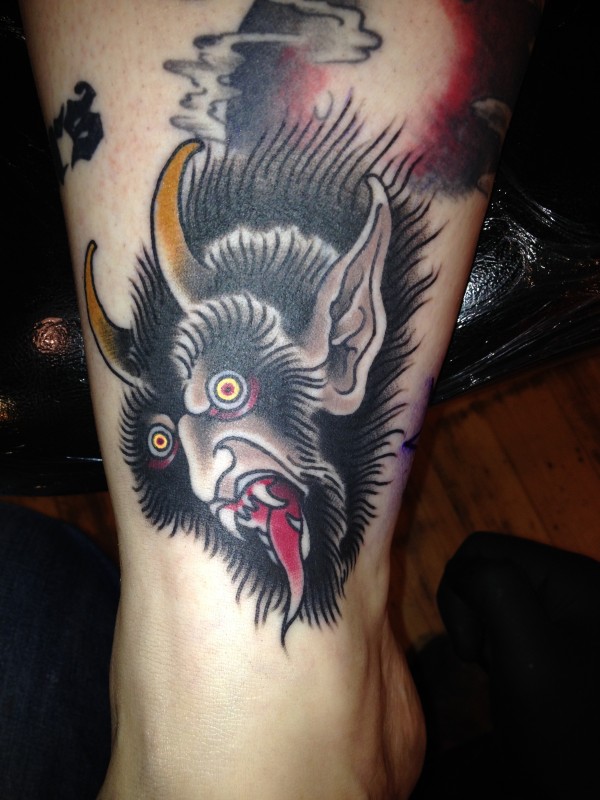 Traditional Evil Devil Tattoo On Leg by Ishmael