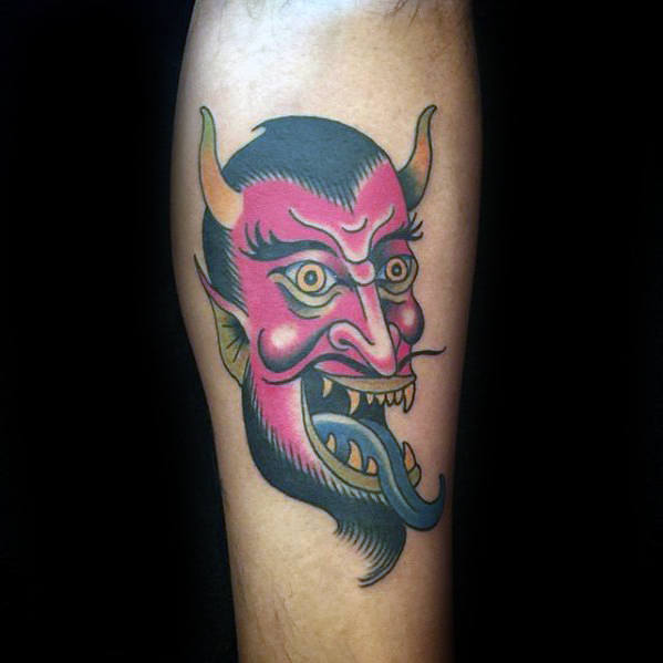 Traditional Red Devil Tattoo On Forearm