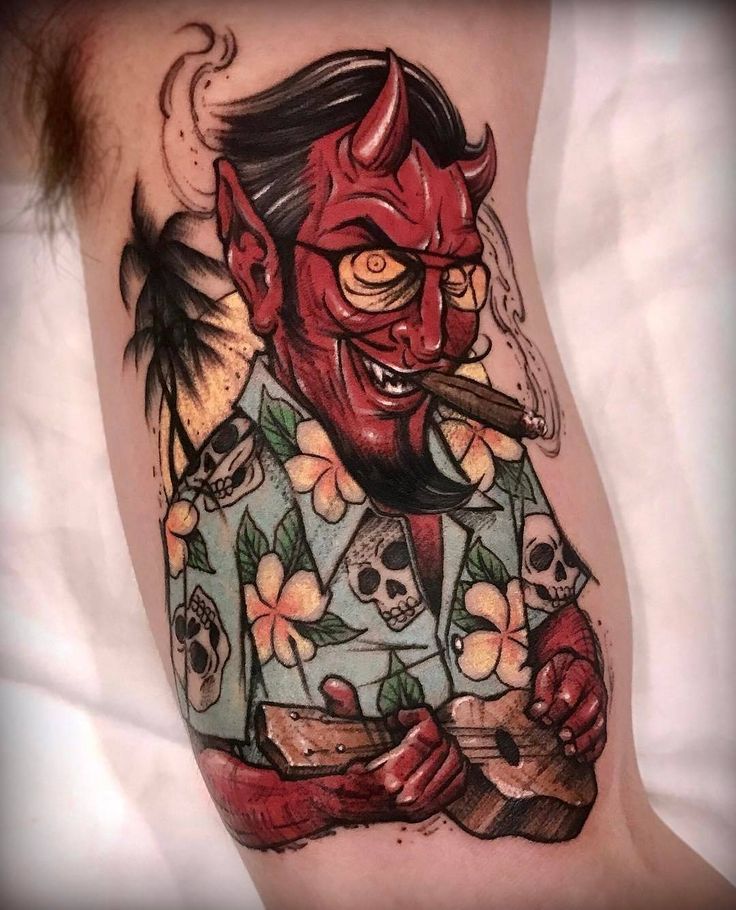 Traditional Satan On Vacation Tattoo On Bicep By varotattooer at Lighthouse Tattoo, Seoul, South Korea