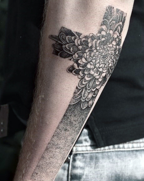 Unique Grey Ink Floral Cross Tattoo On Forearm