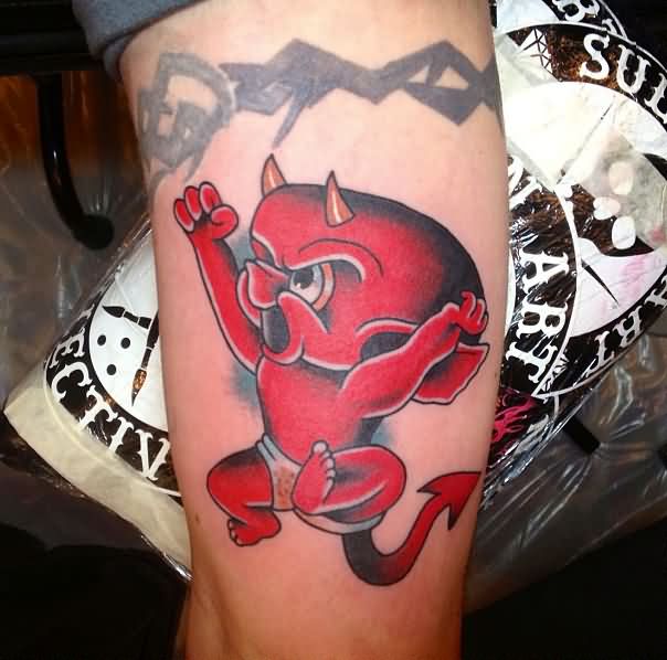 Wonderful Red Angry Baby Devil Tattoo On Thigh