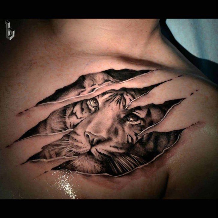 3D Realistic Ripped Skin Tiger Tattoo On Chest