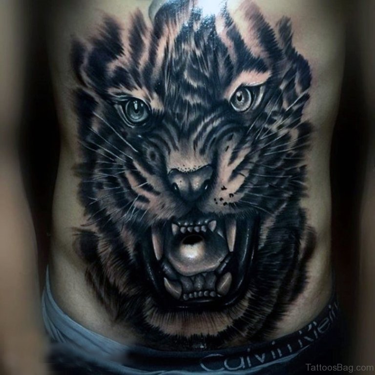 Adorable Black Ink Roaring Tiger Tattoo On Stomach