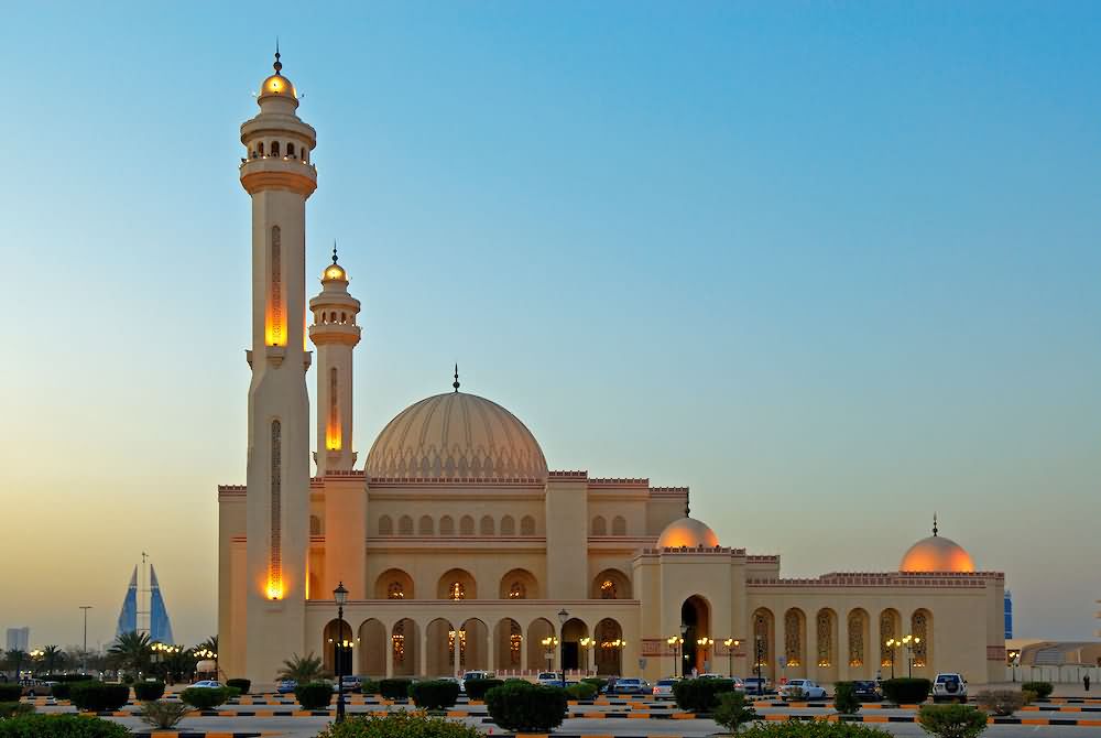 Al Fateh Grand Mosque At Dusk With Lights