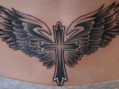 Amazing Dark Angel Wings With Cross Tattoo Design For Back