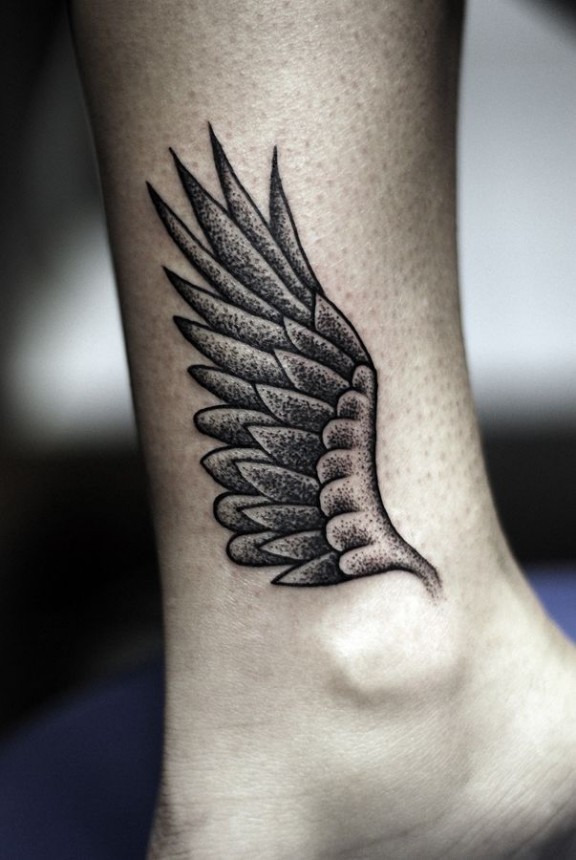 Amazing Dotwork Angel Wing Tattoo On Ankle