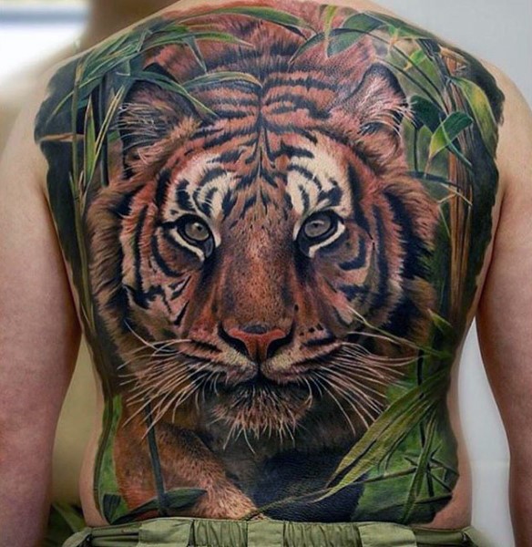 Amazing Full Back Tattoo Og Tiger With Leaves & Grass
