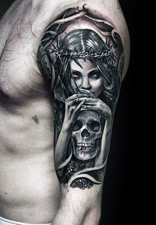 Amazing Grey Ink Female Death Angel With Skull Tattoo On Half Sleeve