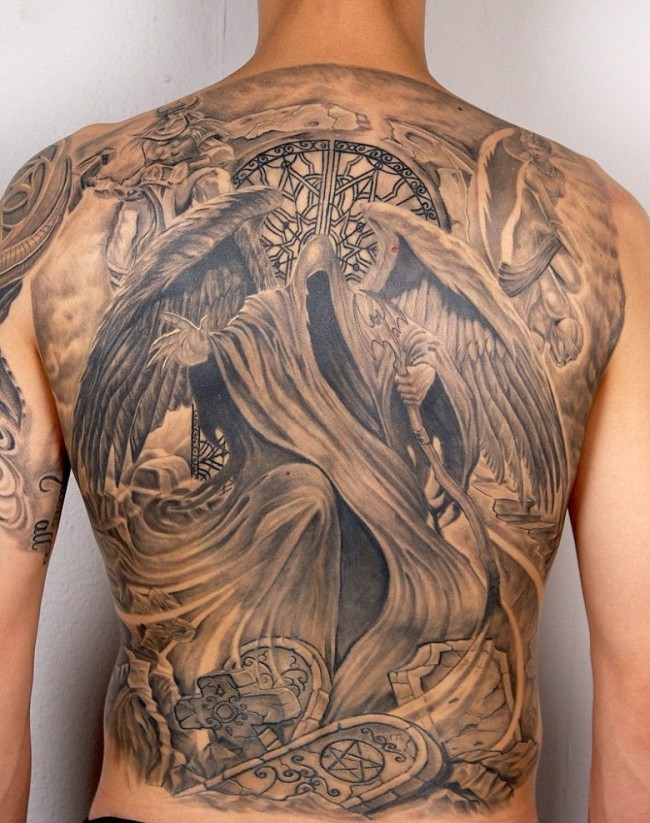 Amazing Grey Ink Hooded Face Angel Of Death Tattoo On Full Back For Men
