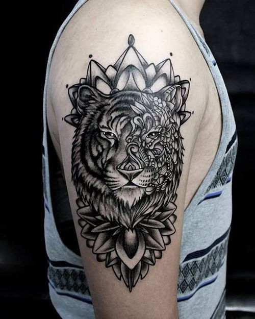 Amazing Grey Ink Tiger Head With Lotus & Crown Composition Tattoo On Half Sleeve