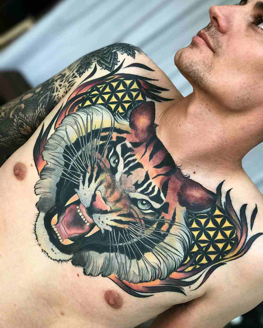 Amazing Roaring Tiger Tattoo Design On Full Chest For Men