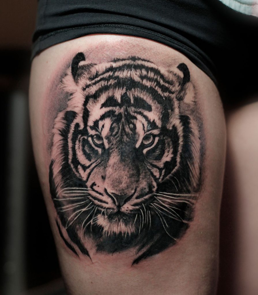 An Amazing Tiger Tattoo On Thigh Done By Angelique Grimm