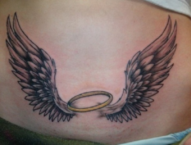 Angel Wings With Halo Tattoo On Girl Back