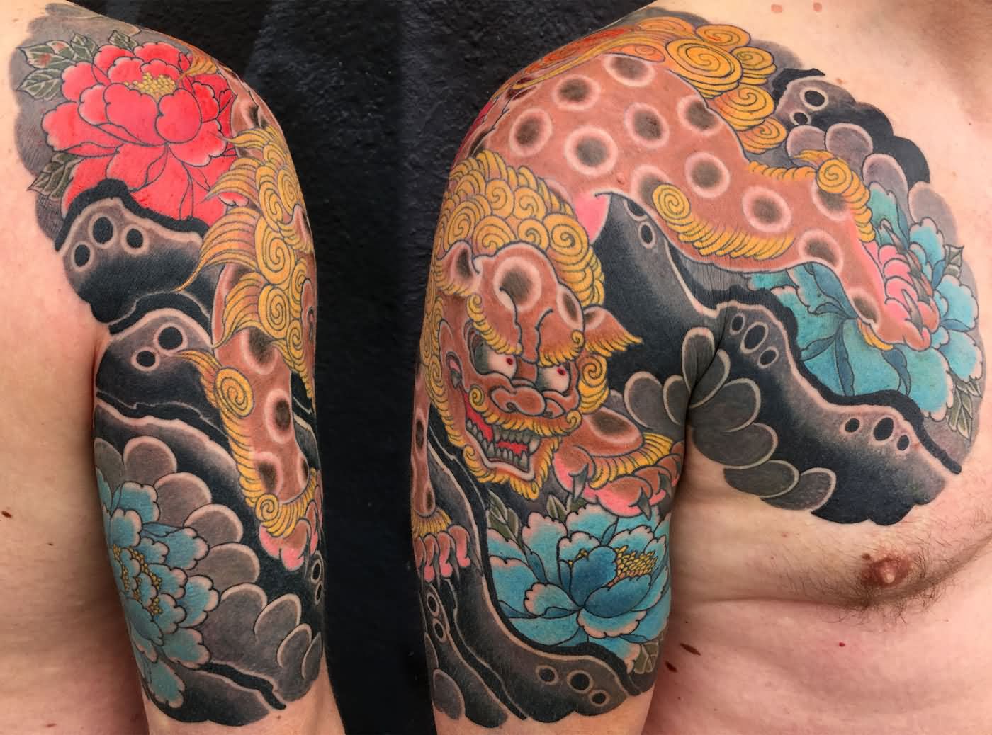 Arm & Chest Flowers, Japanese Lion Tattoo