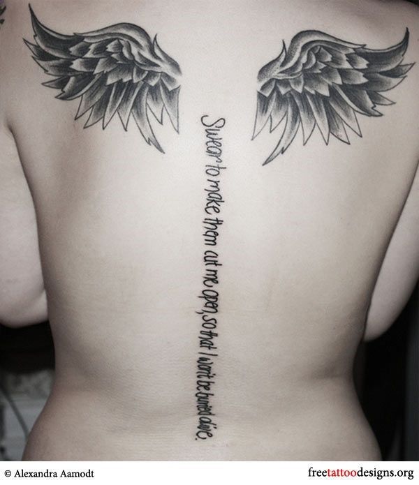 Beautiful Angel Wings Tattoo With Wording Design On Back For Girls