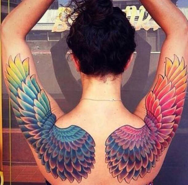Beautiful Colorful Angel Wings Tattoo On Back & Shoulders