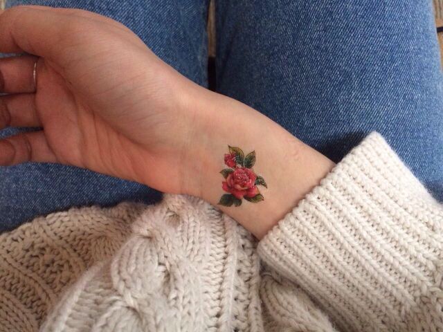 Beautiful Small Realistic Red Rose Tattoo On Wrist