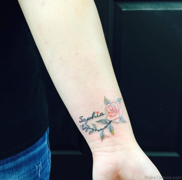 Beautiful Small Rose With Name Sophia Tattoo On Wrist